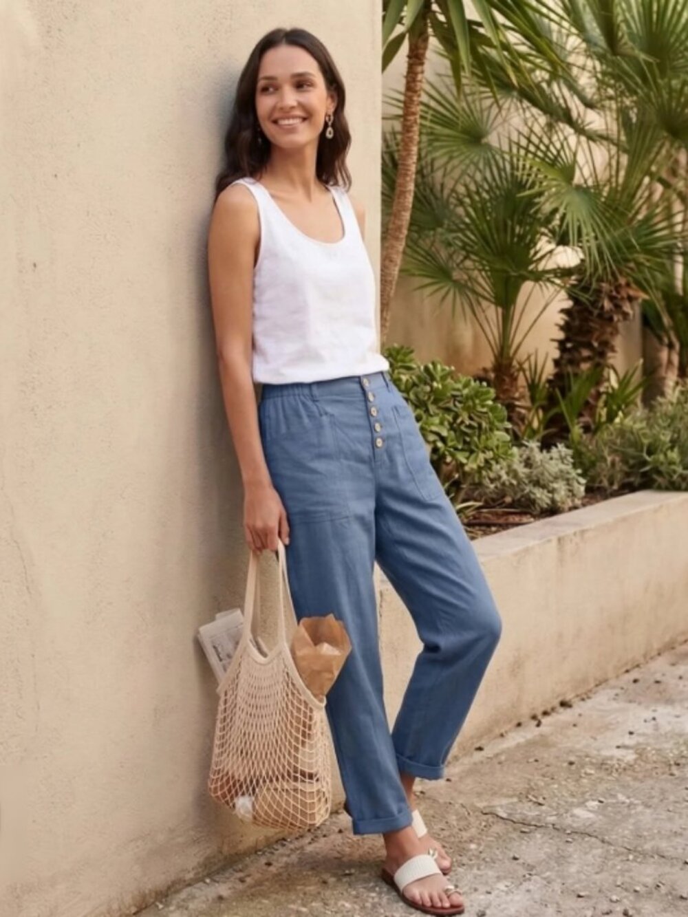 Like New! LINTICO Linen Simple Button Fly Trousers HEIDI Dusty Blue Size XL